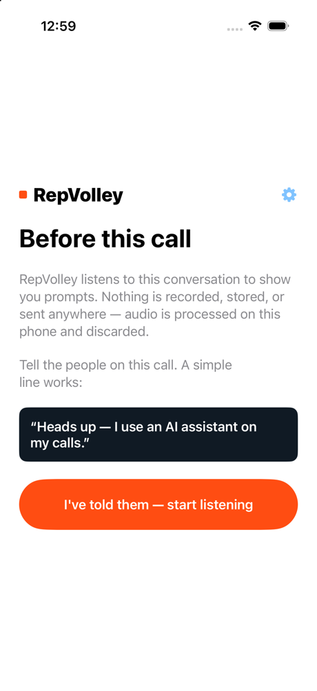 RepVolley phone app consent screen: Before this call — tell the people on this call, with a suggested disclosure line and a start listening button