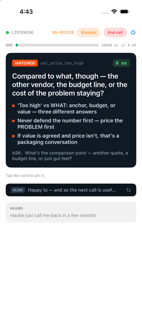 RepVolley phone app during a call: a matched objection card with a speakable line, three recall chips, an ask question, and a second card queued below