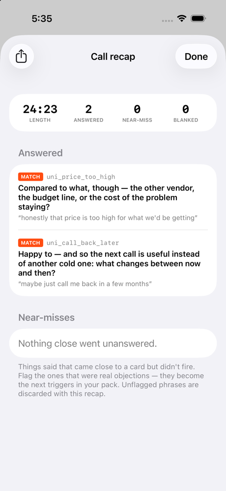 RepVolley call recap: call length, objections answered, near-misses, and blanked moments, with each answered card and the phrase that triggered it